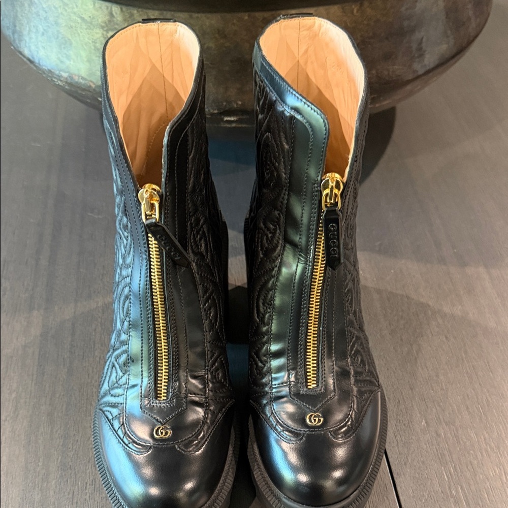 Gucci Black Quilted Leather Platform Zip Ankle Boots with Gold Hardware - Picture 12 of 17